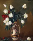 Canceu cu trandafiri by Leon Biju, ulei pe carton, sold Nov 2024