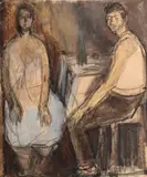 Corneliu Baba, Scenă de familie, 1962, cărbune, ceracolor și accente de guașă lipite pe carton