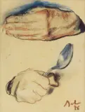 Corneliu Baba, Studiu de mâini ("Omul cu lingura"), 1976, cărbune și cerapastel pe hârtie