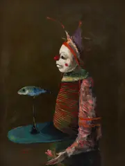 Clovn cu floare by Ștefan Câlția, 1988, ulei pe pânză lipită pe carton, sold Nov 2024