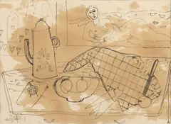 Natură statică cu portocale by Aurel Cojan, 1957, peniță pe hârtie, sold Nov 2024