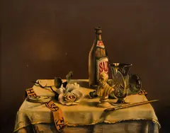 Zamfir Dumitrescu, Natură statică cu pensulă, 1993, ulei pe carton