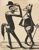 Jules Perahim, Doi vulpoi, 1967, linogravură