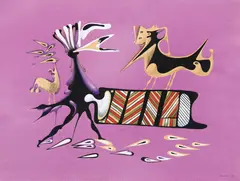 Jules Perahim, Suntem fiinţe compozite, 1972, guașă, cărbune și creioane colorate pe hârtie