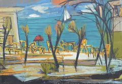 Marcel Janco, Peisaj cu Marea Galileei (Tiberias), 1938, ulei pe carton