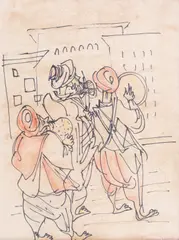 Muzicanți by Marcel Janco, anii '30, tuș și creioane colorate pe hârtie, sold Nov 2024