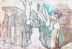 Strada Cernișoara by Tia Peltz, 1985, acuarelă și tuș pe hârtie, offered Nov 2024