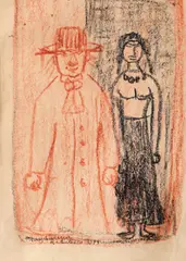 Pictorul și modelul by Magdalena Rădulescu, 1974, creioane colorate pe hârtie, sold Nov 2024