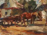 La târg by Rudolf Schweitzer–Cumpăna, sfârșitul anilor '20, ulei pe carton, sold Oct 2024