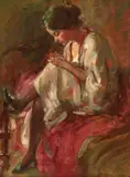 Nicolae Vermont, Fetiță brodând, cca. 1916, ulei pe carton