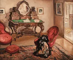 Interior by Mina Byck Wepper, a doua jumătate a anilor '30, ulei pe carton, sold Oct 2024