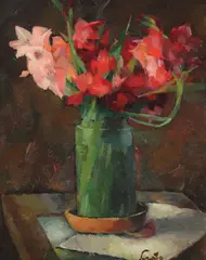 Gladiole by Francisc Șirato, a doua jumătate a anilor '20, ulei pe carton, sold Oct 2024