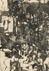 Octav Grigorescu, Oraș întunecat, 1968, tuș și laviu pe hârtie lipită pe carton