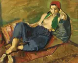Iosif Iser, Odaliscă pe divan, cca. 1935, guașă vernisată pe hârtie lipită pe pânză