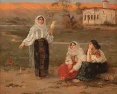 Țărănci pe Valea Oltului by Pierre Auguste Bellet, cca. 1900, ulei pe pânză, sold Oct 2024
