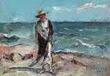 Lucreția la malul mării by Gheorghe Petrașcu, 1935, ulei pe carton, sold Oct 2024