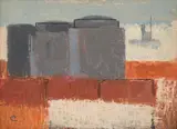 Silozuri în Constanța by Alexandru Ciucurencu, anii '50, ulei pe pânză lipită pe carton, sold Oct 2024