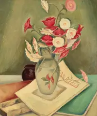 Tache Papatriandafil, Natură statică cu anemone și revistă, 1937, ulei pe carton