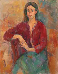 Model în fotoliu by Ion Musceleanu, 1977, ulei pe carton, offered Oct 2024