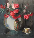 Natură statică cu garoafe și ceșcuță by Constantin Isachie Popescu, anii '20, ulei pe carton, sold Oct 2024