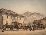 Jaroslav Veshin, Arrival of the post in Cetinje, 1890s, watercolour, gouache and pencil on paper