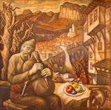 Stoyan Domuschiev, Bagpiper at Veliko-Tarnovo, 1980s, watercolour on paper