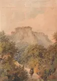 Joseph Oberbauer, The road to Glozhene Monastery, watercolour on paper