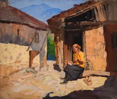Nikola Valchev, Peasant girl, spinning, late 1930s, oil on cardboard
