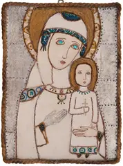Virgin Mary and the Child (Hodegetria) by Lika Yanko, 1997, oil, silver leaf, beads and rope on wood, sold Oct 2024