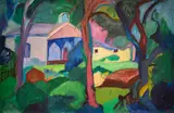 Kostadinka Tsvetkova, Houses in the wood, oil on canvas