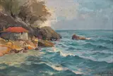 Napoleon Alekov, House on the shore, 1950s, oil on cardboard