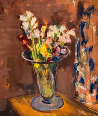 Bencho Obreshkov, Bellflowers and daffodils, 1948, oil on cardboard