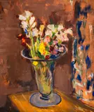 Bencho Obreshkov, Bellflowers and daffodils, 1948, oil on cardboard