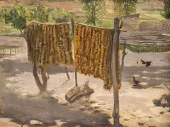 Ivan Mrkvička, Tobacco drying, oil on plywood