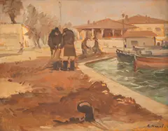 Harbour in Sozopol by Mario Zhekov, 1940s, oil on cardboard, sold Oct 2024