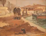 Mario Zhekov, Harbour in Sozopol, 1940s, oil on cardboard