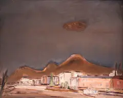 Urban landscape by Petar Slavov-Kera, 1988, oil on canvas, offered Oct 2024