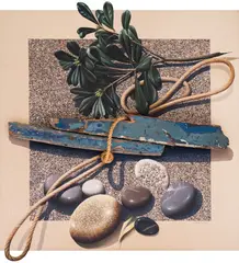 Michalis Garudis, The olive branch, oil, paper and rope on canvas