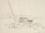 Mihovil (Mijo) Krušlin, Mulić with a Fishing House and Tuna, pencil on paper