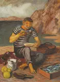 Ivan Mirković, Fisherman at Lunch, 1936.-1950., oil on hardboard