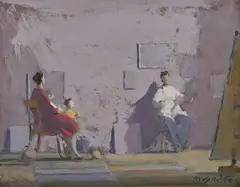 Omer Mujadžić, Family in Interior, -, oil on hardboard