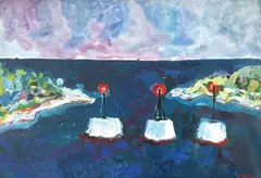 Stipe Nobilo, Badija - Three Buoys, 1974., watercolor and gouache on paper