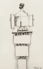 Enigma by Mihai Rusu, 1987, tuș pe hârtie, sold Sep 2024