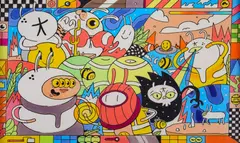 Colors on Wax by Coon One, 2024, creioane colorate și pix cu gel pe hârtie, offered Sep 2024