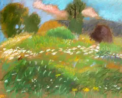 Paula Ribariu, Câmp cu flori, pastel pe hârtie
