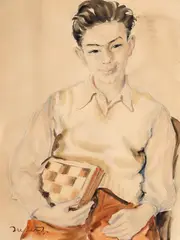 Gheorghe Juster, Jucătorul de șah, acuarelă și creion pe hârtie