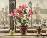 Stelian Popescu Ghimpați, Pervaz cu mușcate (Prima zăpadă), 1939, ulei pe carton