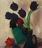 Canceu cu lalele by Leon Biju, ulei pe carton, sold Sep 2024