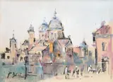 Radu Darânga, Cetatea eternă, acuarelă, cărbune și creioane colorate pe hârtie