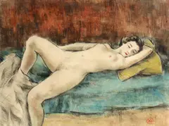 Dan Ialomiţeanu, Nud pe divan, cărbune, acuarelă și pastel pe hârtie